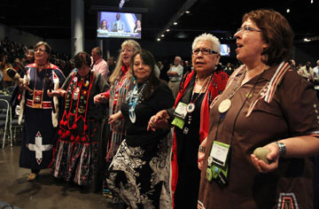 The Rev. Carol Lakota Eastin, far right, and others of Native American heritage take part in An Act of Repentance toward Healing Relationships with Indigenous Peoples service, an initiative of the Commission on Christian Unity approved during the 2012 United Methodist General Conference in Tampa. A UMNS photo by Kathleen Barry.