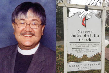 The Rev. Mel Kawakami, pastor of Newtown United Methodist Church.  A web-only composite. Photos courtesy of Newtown United Methodist Church and by Arthur McClanahan.