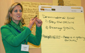 Laura Nichol, a member of the Call to Action Interim Operations Team, facilitates a conversation about possible churchwide cultural changes at a Chicago-area meeting in April 2012. A UMNS photo by Heather Hahn.