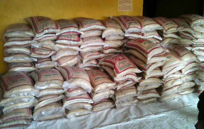 The stock of rice before the distribution at the Henri Wilmot Dennis United Methodist School. Photo by Julu Swen, UMNS.