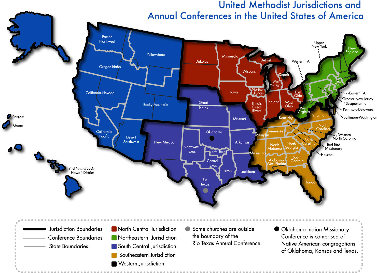 Map highlighting the United Methodist jurisdictions and annual conferences in the United States of America. Photo courtesy of United Methodist Communications