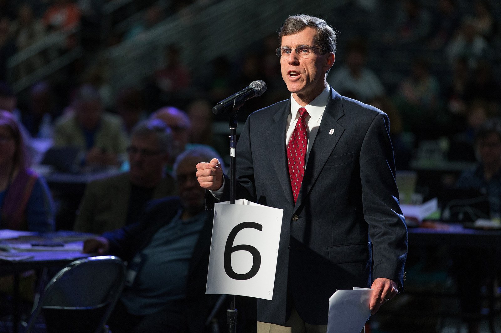 Brian Hammons of the Missouri Conference helps deliver the laity address during the 2016 United Methodist General Conference in Portland, Ore. Photo by Mike DuBose, UMNS