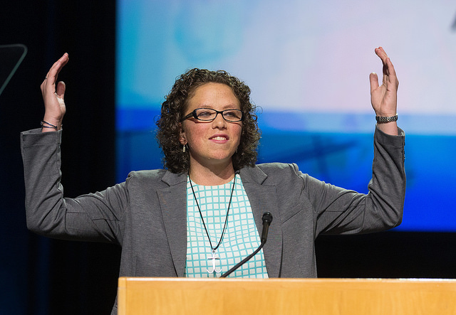 Chelsea Spyres of the Peninsula-Deleware Conference helps deliver the young people's address during the 2016 United Methodist General Conference in Portland, Ore. Photo by Mike DuBose, UMNS