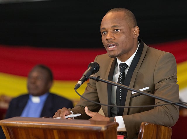 Christopher Namilonga brings a thank you from students during the 25th anniversary celebration for Africa University in Mutare, Zimbabwe. Photo by Mike DuBose, UMNS.