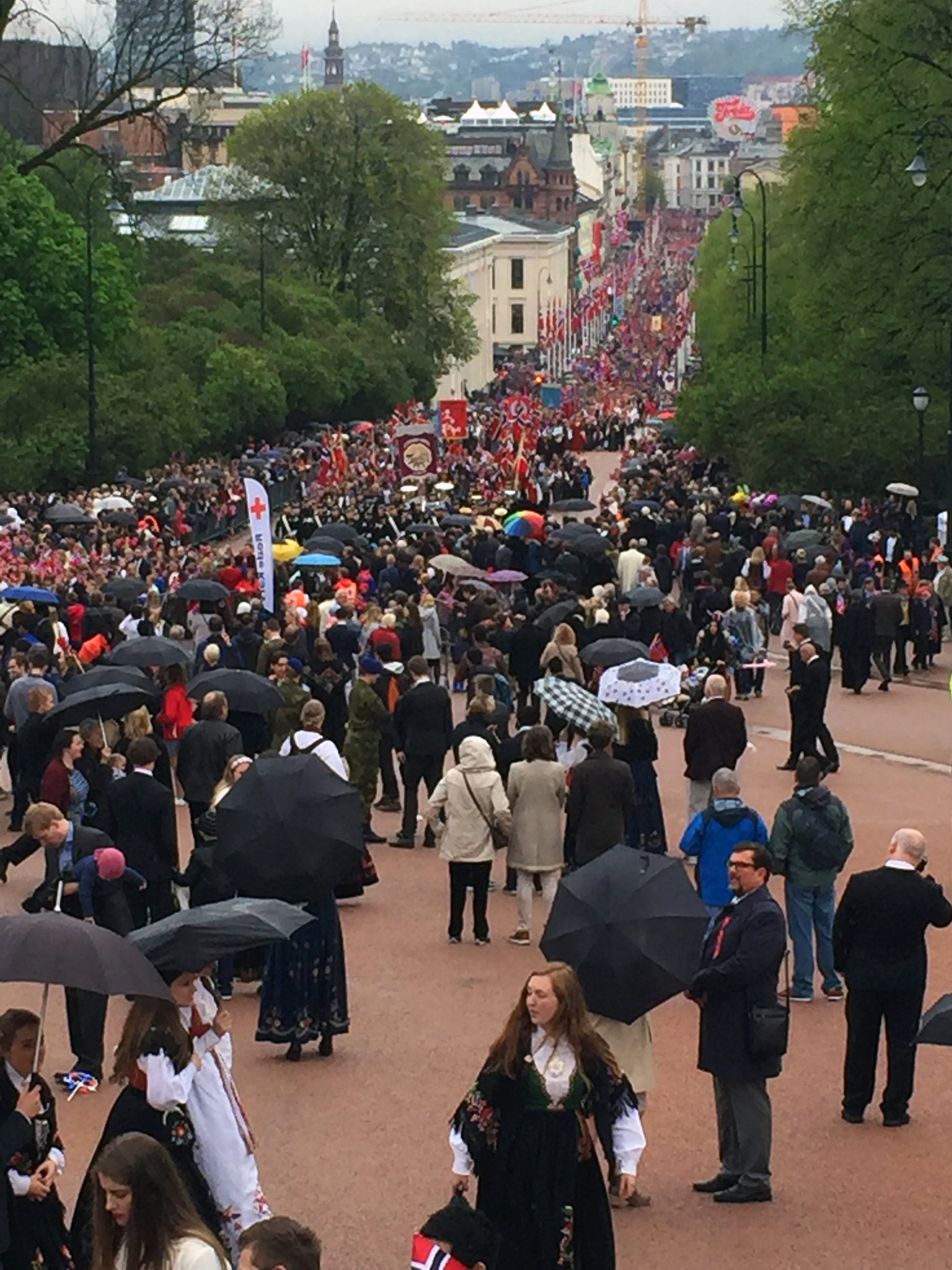 People, many waving Norwegian flags, fill the streets of central Oslo to watch the annual children's parade in celebration of Norway's National Day.  Photo by the Rev. Alfred T. Day III, top executive of the Commission on Archives and History.