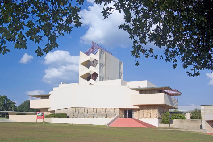 Annie Pfeiffer Chapel is one of 12 structures designed by American architect Frank Lloyd Wright for the campus of Florida Southern College in Lakeland, Florida. Wright agreed to create a master plan for the campus and to design 18 buildings. Ultimately, the college completed 12 structures. It still owns all the designs. Photo courtesy of Florida Southern College.