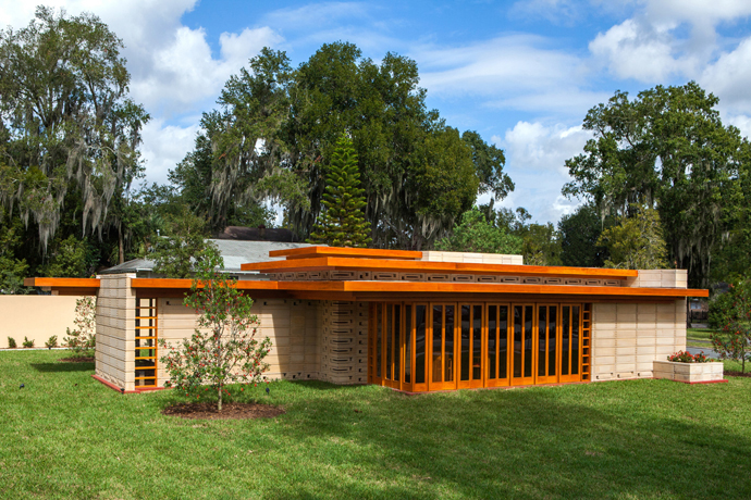 The Usonian House, designed by architect Frank Lloyd Wright for Florida Southern College in Lakeland, Florida, was dedicated in November 2013. The term “Usonian” loosely means “United States of North America,” and Wright frequently used the term in place of the word “American.” Photo courtesy of Florida Southern College.