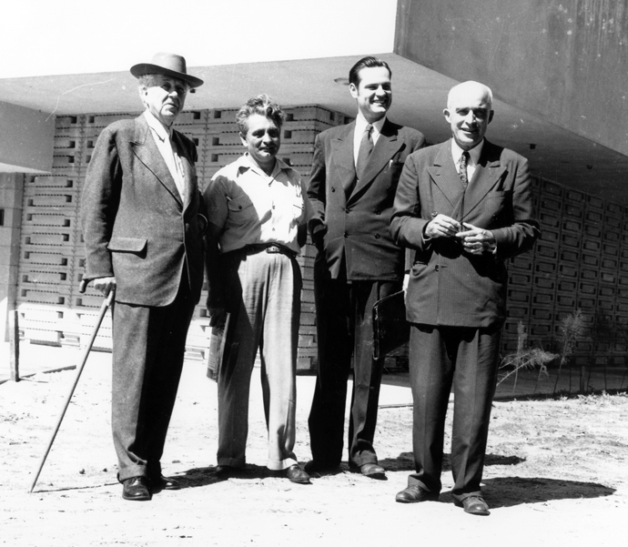 American architect Frank Lloyd Wright (left to right); Robert D. Wehr, a member of Florida Southern College’s faculty and construction superintendent; William Wesley Peters, Wright’s son-in-law and on-site supervisor; and the Rev. Ludd M. Spivey, a United Methodist pastor and president of Florida Southern College from 1925 to 1959, pose in an undated picture. Photo courtesy of Southern Florida College’s Archives.