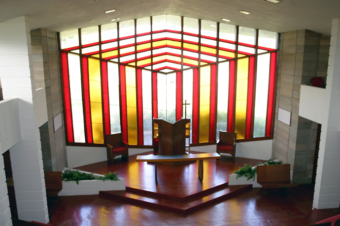 The Danforth Chapel at Florida Southern College incorporates triangular patterns and has a triangular-shaped roofline that extends out into a point more than 15 feet from the building. The chapel is one of 12 structures designed by American architect Frank Lloyd Wright for the campus in Lakeland, Florida. Photo courtesy of Florida Southern College.