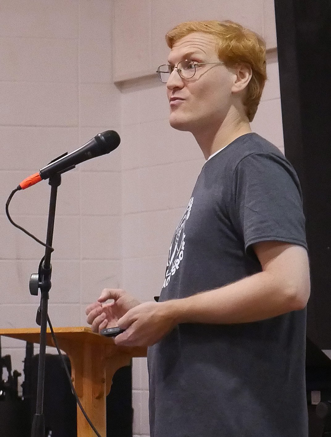 Joseph Strausbaugh, charter system administrator at the Commission on United Methodist Men, leads a workshop on ways to reach his fellow millennials. As part of the workshop, Strausbaugh used demographic data from Pew and Barna. Photo by Heather Hahn, UMNS.