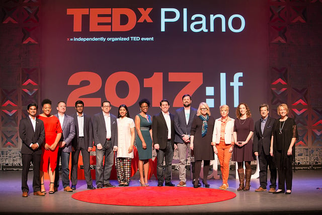 The Rev. Arthur Jones (center) of St. Andrew United Methodist Church poses with other speakers at an April TEDx event in Plano, Texas.  Photo courtesy TEDxPlano.