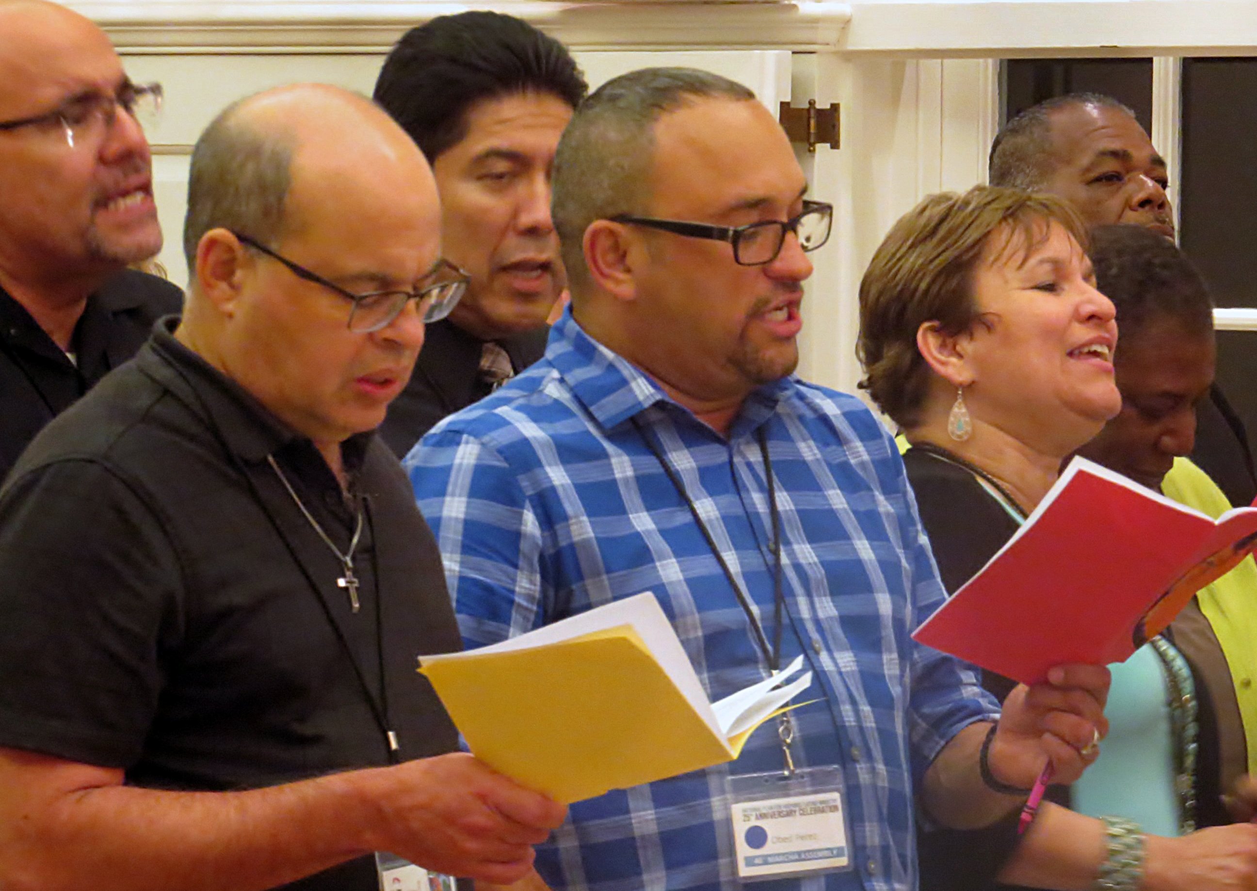 Spirited singing was a part of opening worship during the 46th MARCHA Assembly, held Aug. 10-13, in Dallas. Photo by Sam Hodges, UMNS.