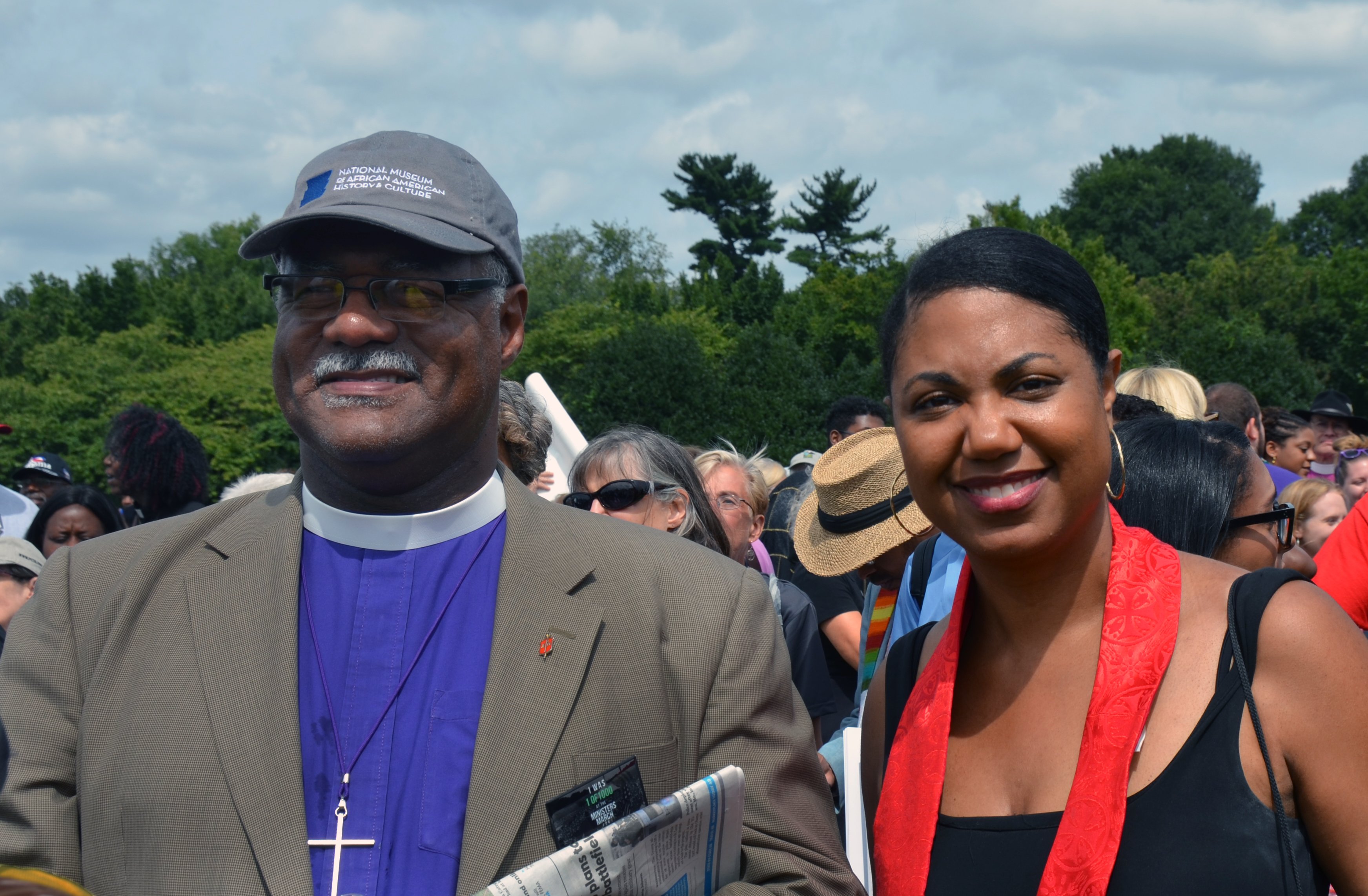 Indiana Area Bishop Julius Trimble with the Rev. Stacey Cole Wilson, director of Congregational Excellence and Strategic Partnerships for the Baltimore-Washington Conference. Both took part in the “Ministers March for Justice on Aug. 28 in Washington. Photo by Erik Alsgaard, UMNS.