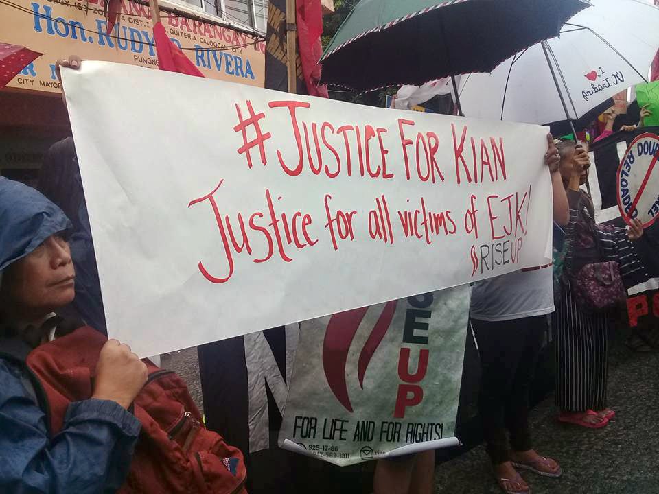 Attendees of a rally hold a sign demanding justice for Kian delos Santos and other victims of extrajudicial killings under the Operation Galugad of the War on Drugs campaign of President Rodrigo Duterte in the Philippines. Filipino United Methodists joined protests to decry Duterte’s war on drugs that killed the 17-year-old student. Photo courtesy of Rubilyn Litao.    