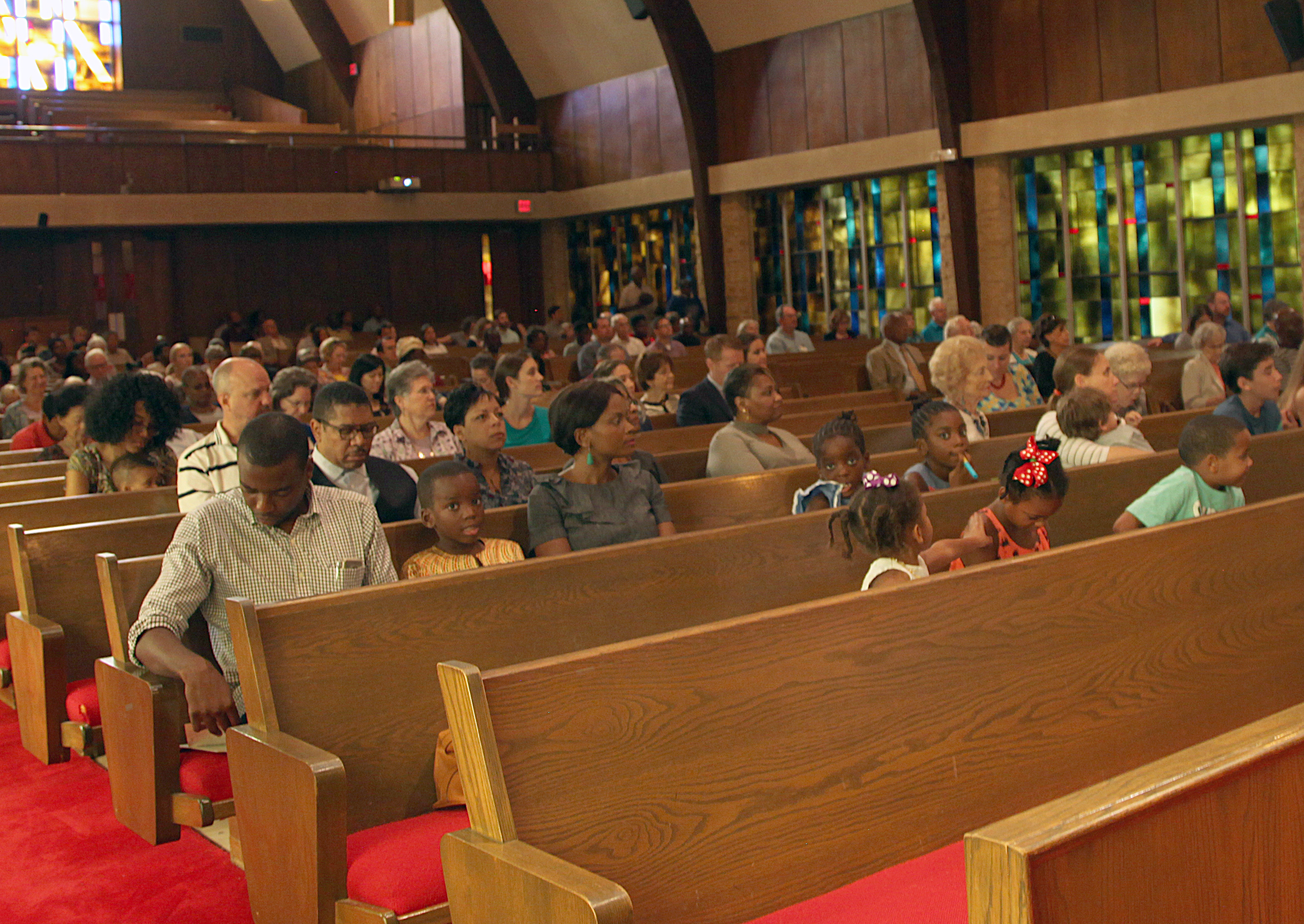 The interior of Westbury United Methodist Church in Houston during the Sept. 3 worship service. About 50 neighbors used the church as a shelter during Hurricane Harvey. Photo courtesy of Westbury United Methodist Church.