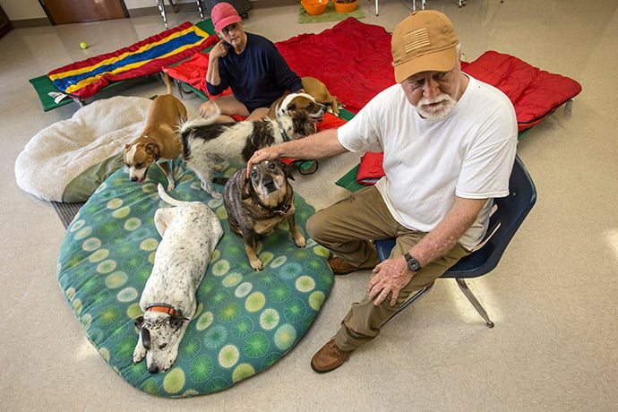 Mike Toups and his wife Tammy are living with their five dogs inside the scout ministry building at Wesley United Methodist Church in Beaumont, Texas. Toups is the building supervisor at Wesley UMC. They were flooded out by Hurricane Harvey. Photo by Kathleen Barry, UMNS.