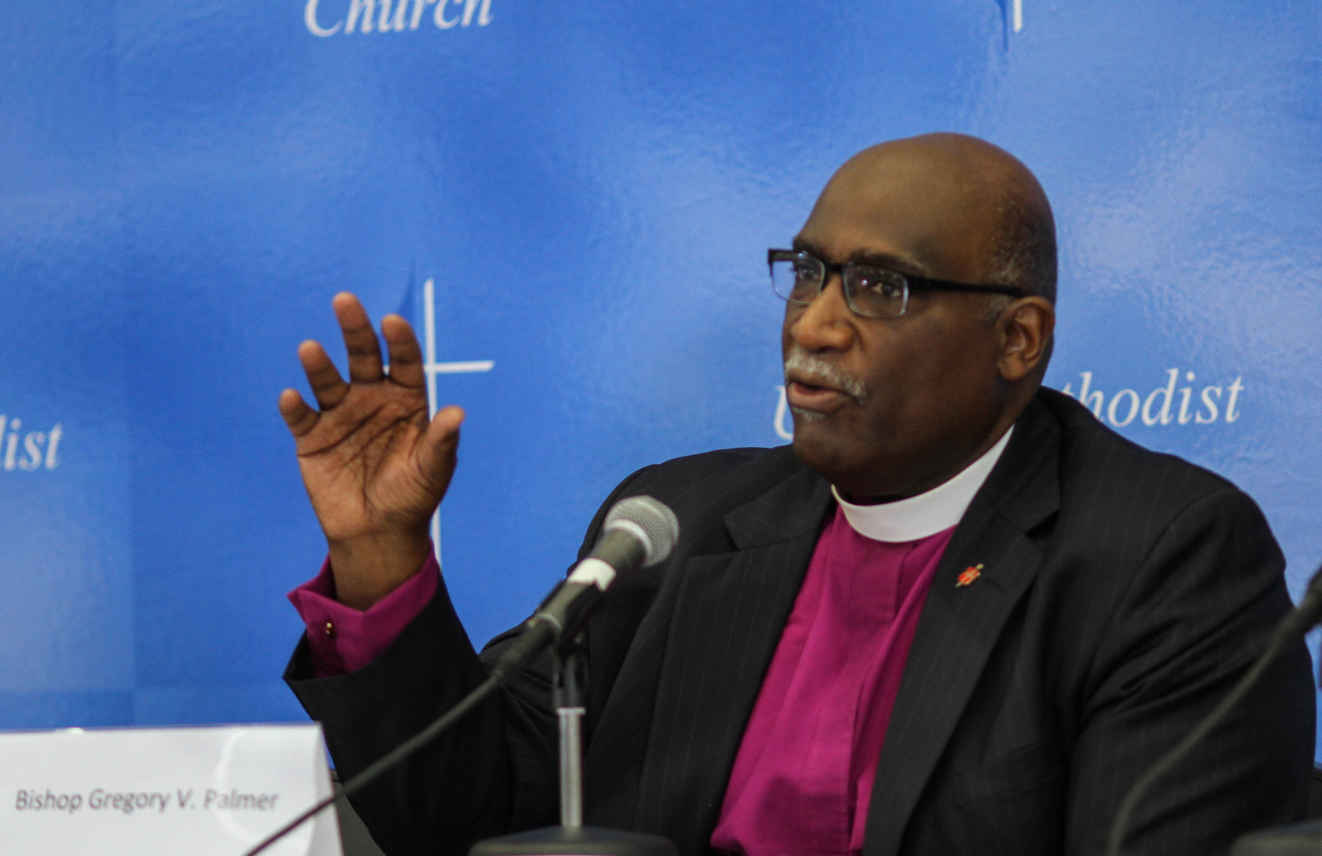 Following his episcopal address to the United Methodist 2016 General Conference in Portland, Ore., Bishop Gregory V. Palmer answers question from the press. Photo by Maile Bradfield, UMNS.