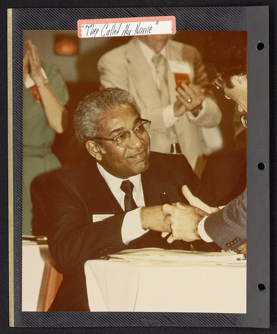 Perkins School of Theology's Bridwell Library has a photo of the Rev. W.T. Handy on his election as a United Methodist bishop in 1980. Handy's personal papers are at Bridwell, and he's among three African-American bishops featured in a new exhibit there. Photo courtesy Bridwell. 