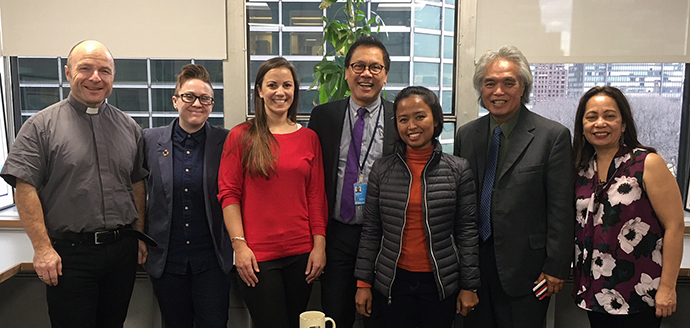 Among those taking part in the Jan. 22 U.N. symposium on migration were, from left, the Rev. Hans Martin Hoyer of Germany; Quinn Wonderling, Rebecca Cole and the Rev. Liberato “Levi” Bautista, all staff with the United Methodist Board of Church and Society; the Rev. Eni Lestari Andayani Adi, International Migrants Alliance; Leon Siu, foreign minister of the Kingdom of Hawaii and Connie Sorio, coordinator of migrant justice and (Asia-Pacific) partnership for KAIROS: Canadian Ecumenical Justice Initiatives. Photo courtesy of the Board of Church and Society.