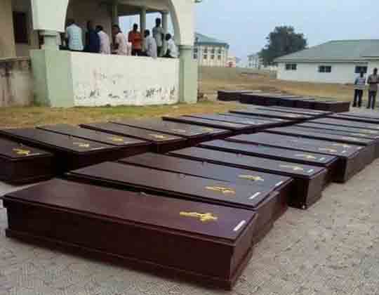 Coffins are lined up outside a morgue in Makurdi, Nigeria. More than 70 people were killed by suspected Fulani herdsmen in the Guma and Logo counties of Benue State in early January. Photo by the Rev. Ande I. Emmanuel, UMNS.