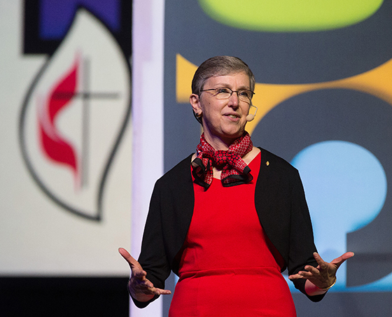 Harriett Olson helps lead the 150th anniversary celebration for United Methodist Women during the 2016 United Methodist General Conference in Portland, Ore. Olson is the chief executive of United Methodist Women. Photo by Mike DuBose, UMNS.