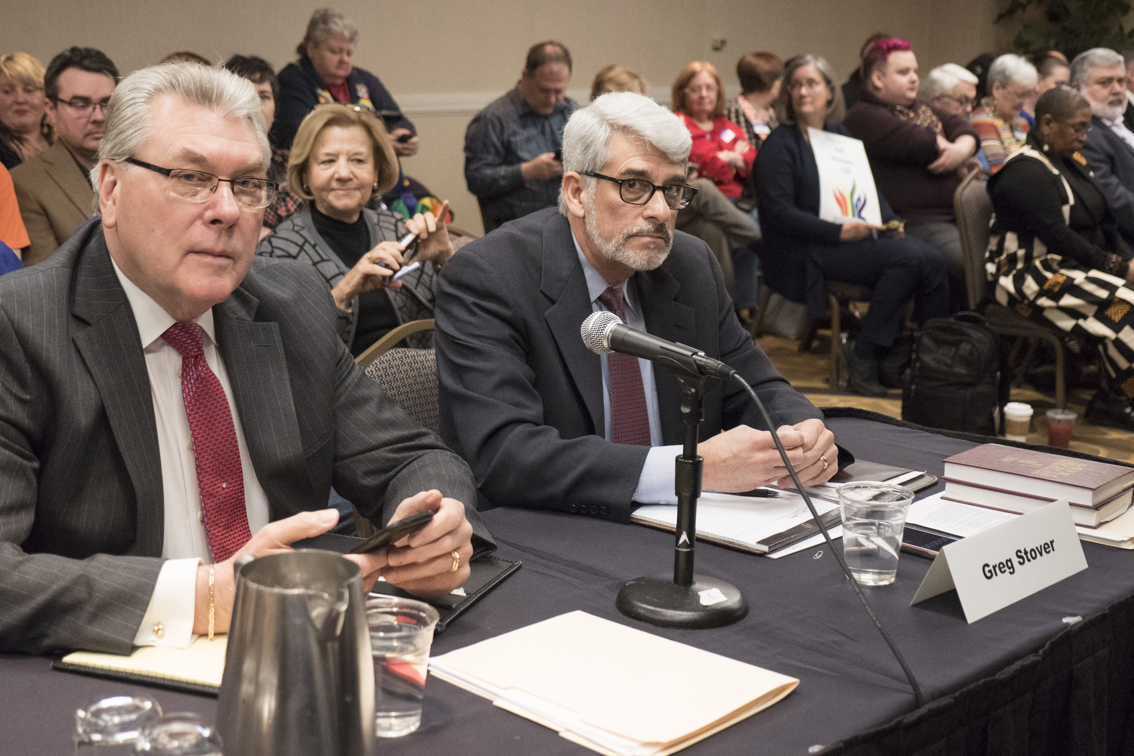 Rodger Walk, left, and the Rev. Greg Stover, appellant for the West Ohio Conference, argued that the West Ohio Committee on Investigation ignored a 2017 Judicial Council ruling when it dismissed two of three charges against the Rev. David Meredith. Photo by Kathy L. Gilbert