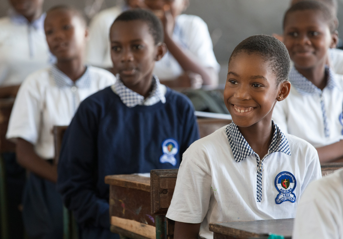 Students listen to a presentation at the United Methodist Anyama School in Abidjan. Photo by Mike DuBose.