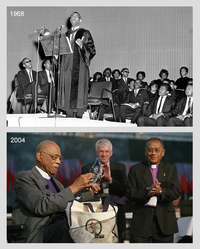 Above: Methodist Bishop James S. Thomas speaks during the 1968 Uniting Conference. Photo courtesy of the United Methodist Commission on Archives and History. Below: United Methodist Bishop James S. Thomas (left) is honored by the denomination's 2004 General Conference in Pittsburgh for the contributions he made in the former Central Jurisdiction of the church. Applauding Thomas are Charles Yrigoyen (left), top staff executive of the church's Commission on Archives and History, and Bishop Solito Kuramin Toquero. File photo by Mike DuBose, UMNS.