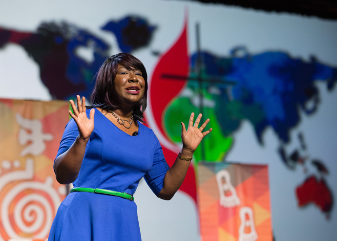 Erin Hawkins, top executive of the United Methodist Commission on Religion and Race, speaks during the 2016 United Methodist General Conference in Portland, Ore. Photo by Mike DuBose, UMNS