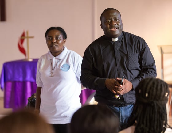 United Methodist missionaries Francine Mpanga Mufuk (left) and the Rev. Jean Claude Masuka Maleka lead a Bible study at Nazareth United Methodist Church in Abidjan, Côte d'Ivoire. The married couple are both from the Democratic Republic of Congo. Photo by Anne Marie Gerhardt, Northern Illinois Conference.