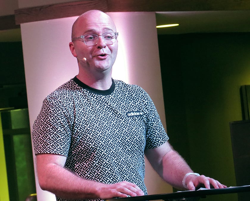 The Rev. Adam Weber, pastor of United Methodist Embrace Church, in Sioux Falls, S.D., speaks during the opening worship service at the Beyond These Walls mission conference. Photo by Sam Hodges, UMNS.