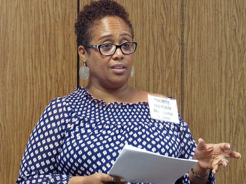 Mariam Mengistie, executive director of missions at St Luke’s United Methodist Church in Orlando, Fla., speaks on mutual transformation in mission at the Beyond These Walls conference. Photo by Sam Hodges, UMNS.