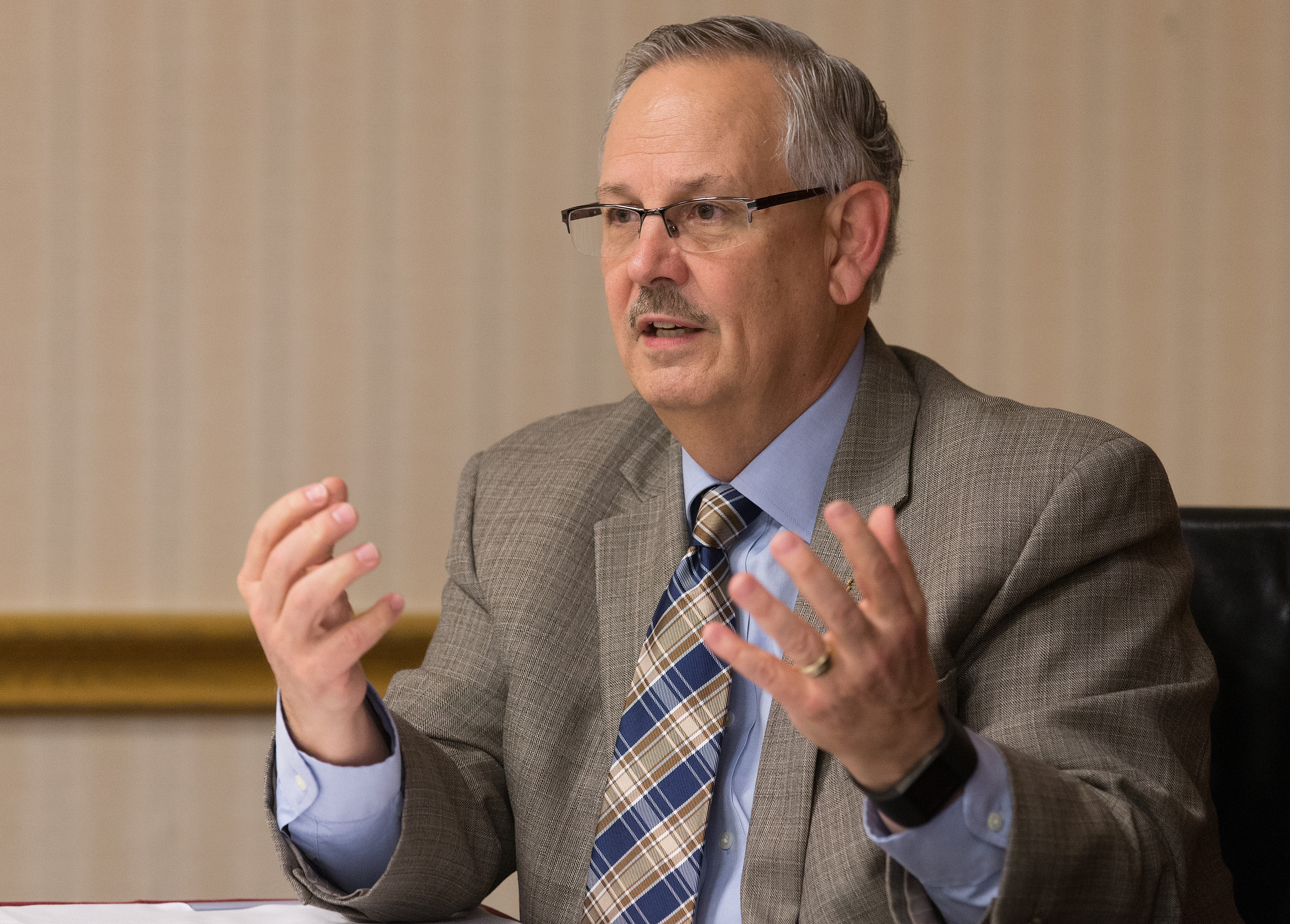 Bishop Bruce R. Ough, immediate past president of the Council of Bishops, answers questions during a press conference about the United Methodist Church's Way Forward plan. Ough also leads the Dakotas and Minnesota conferences. Photo by Mike DuBose, UMNS.