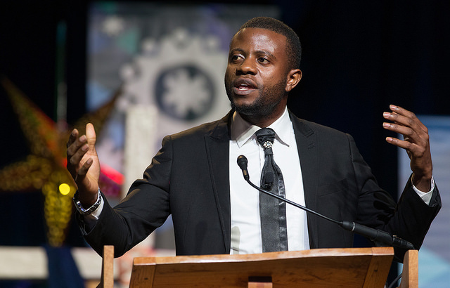  Peter Cibuabua of the Central Congo Conference helps deliver the young people's address during the 2016 United Methodist General Conference in Portland, Ore. Photo by Mike DuBose, UMNS