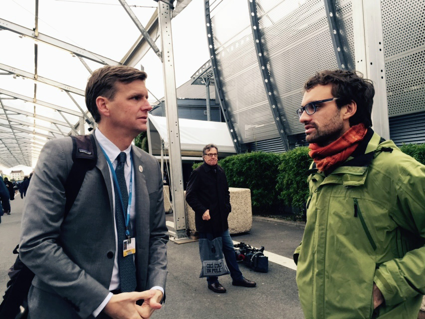 John Hill, a staff member of the United Methodist Board of Church and Society, and Daniel Obergfell, a Church and Society board member from Germany, at the 2015 U.N. climate change summit in Paris. Both are part of a United Methodist delegation to the Nov. 6-17 Bonn climate summit, also known as COP 23. File photo by the Rev. Lisa Garvin.