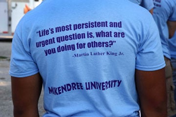 This McKendree University T-shirt raises awareness of service by quoting a question raised by Martin Luther King Jr.