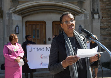 On International Women's Day, Jocelyn Briddell participates in a march to end violence against women worldwide at Scarritt-Bennett Center, Nashville, Tenn. Photo by Mike DuBose.