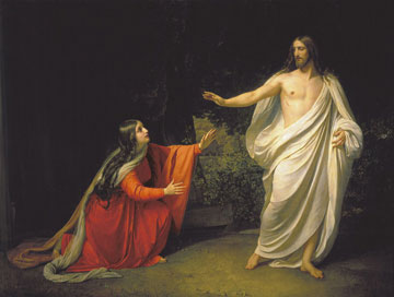 Christ appears to Mary Magdalene in this 1834 oil painting by Ivanov Alexander Andreevich located in The Russian Museum in St. Petersburg. A web-only public domain image.