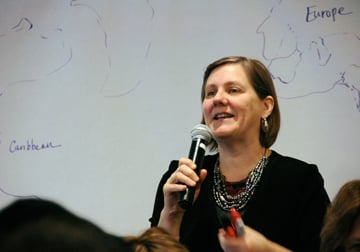 Carol Barton of United Methodist Women moderates a March 1 discussion about migration and rural women at the Church Center for the United Nations.