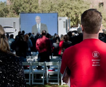 Students watch a simulcast of the groundbreaking ceremony. Photo courtesy of SMU/Clayton T. Smith.