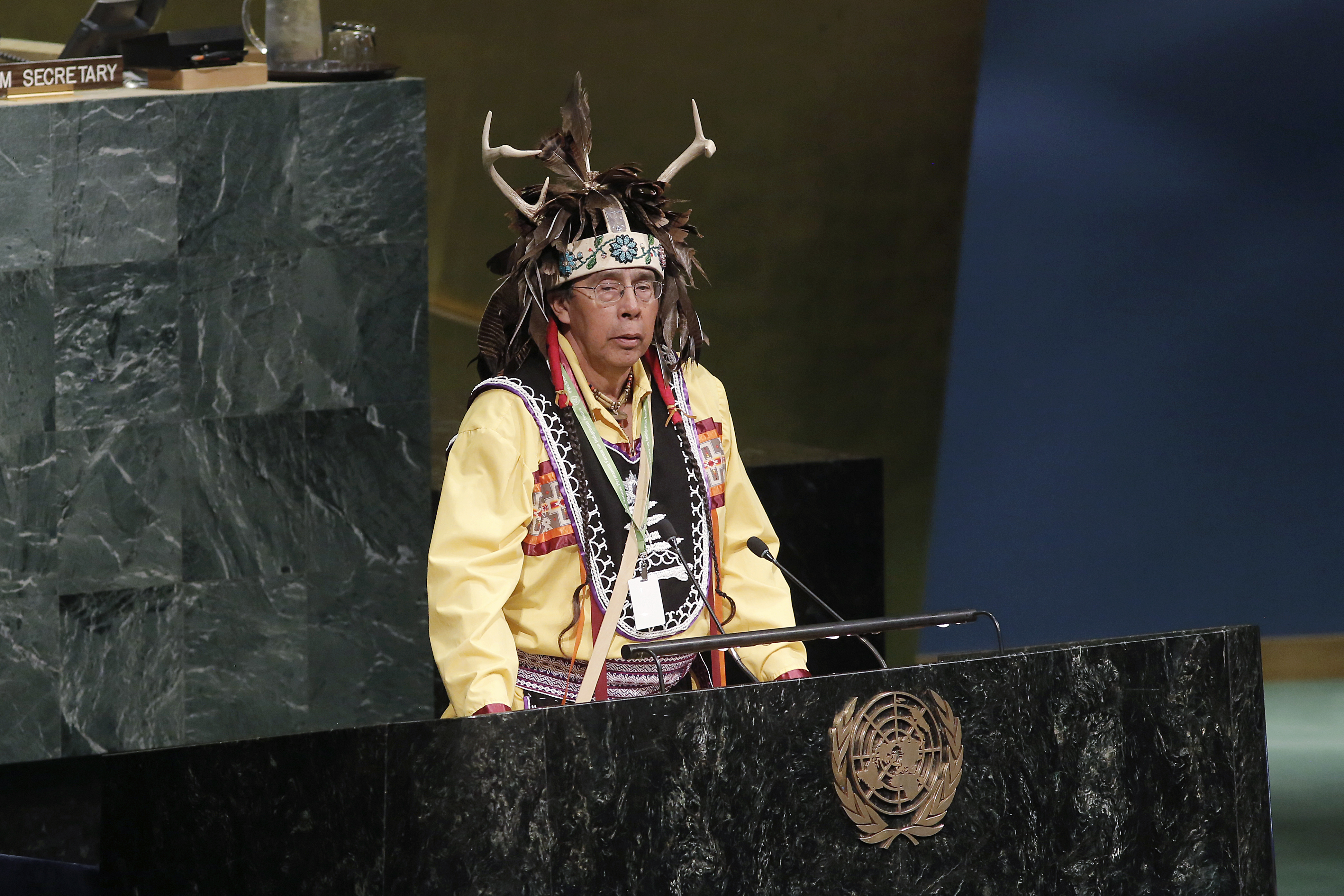 Tadodaho Sid Hill, chief of the Onondaga Nation, delivers the ceremonial welcome at the opening of the Sixteenth Session of the United Nations Permanent Forum on Indigenous Issues. Photo by Evan Schneider, UN.