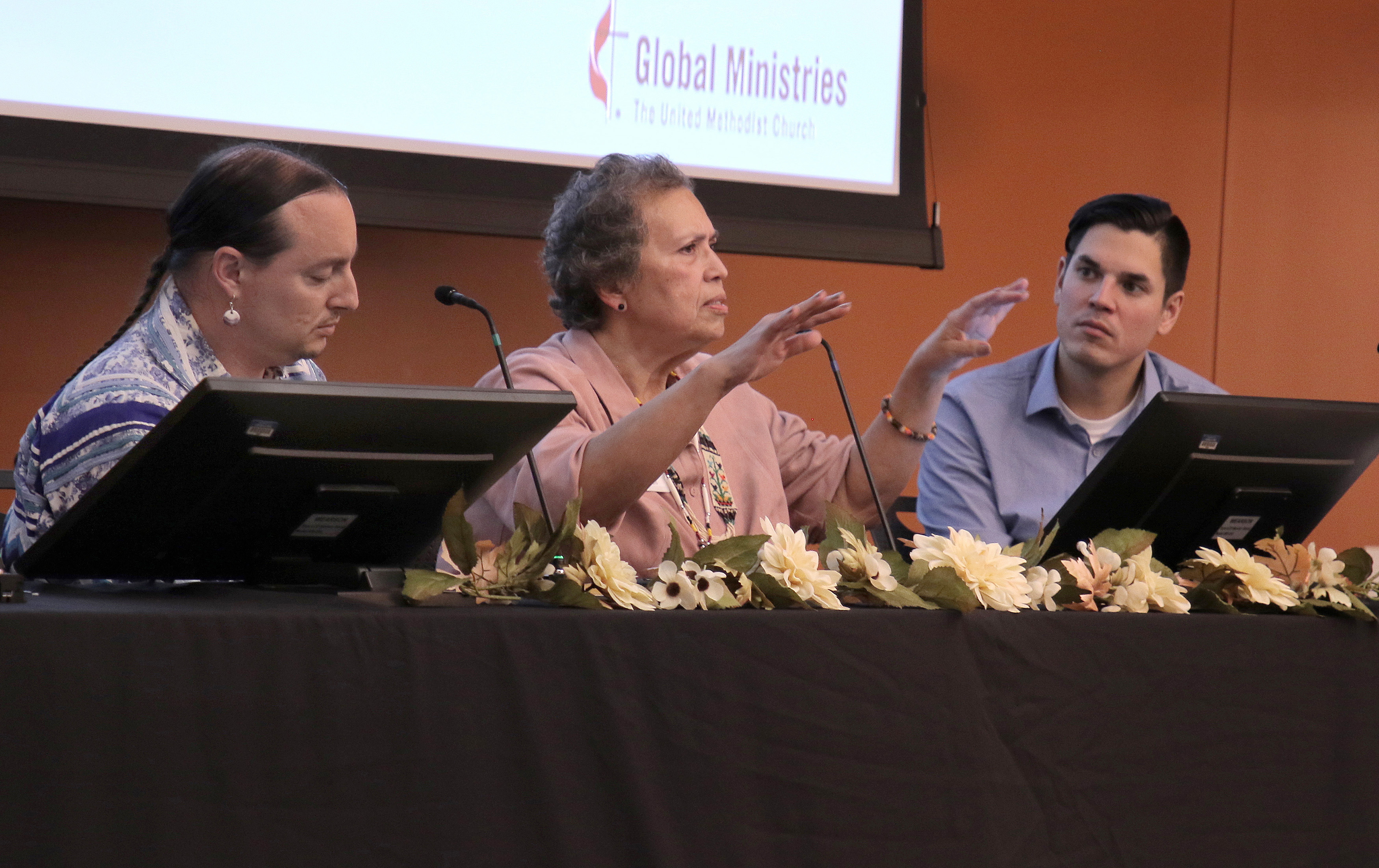 Marcus Briggs-Cloud, the Rev. Anita Phillips and filmmaker John Little lead a panel discussion after the screening of “More Than a Word” during the fall meeting of the Board of Global Ministries. Photo by Anthony Trueheart, Global Ministries.  