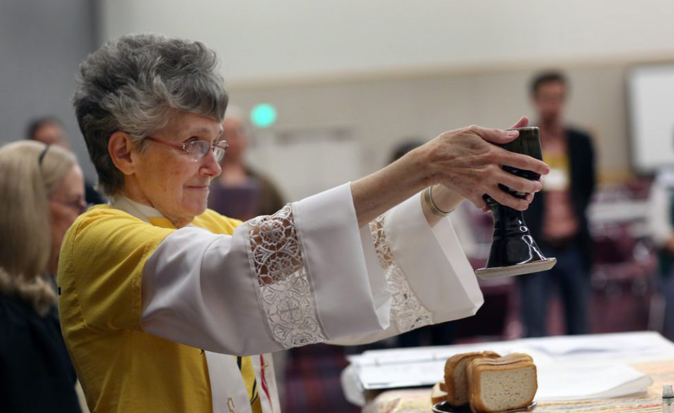 Philadelphia Area Bishop Peggy Johnson has been attending town hall meetings, explaining the three plans set to be considered by the special General Conference and answering questions from clergy and laity in attendance. Photo by Kathleen Barry, UMNS