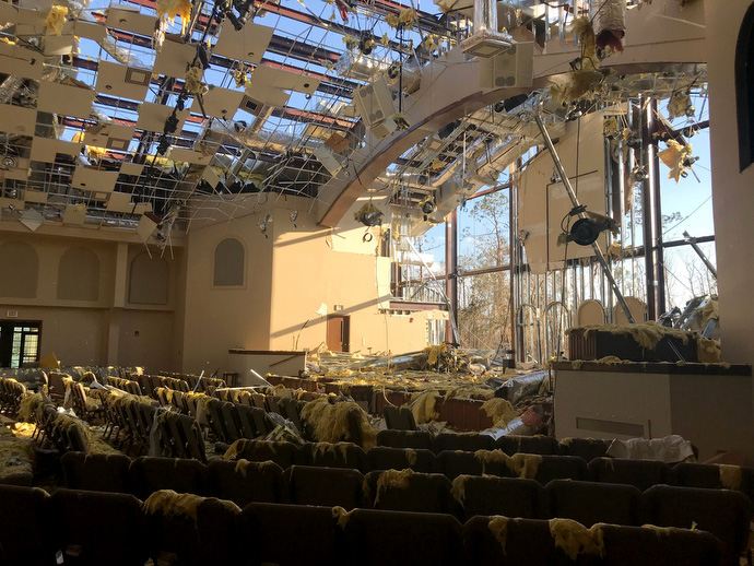 The sanctuary of Lynn Haven United Methodist Church in Panama City, Fla., stands open to the sky following Hurricane Michael. Photo courtesy of Lynn Haven United Methodist Church.