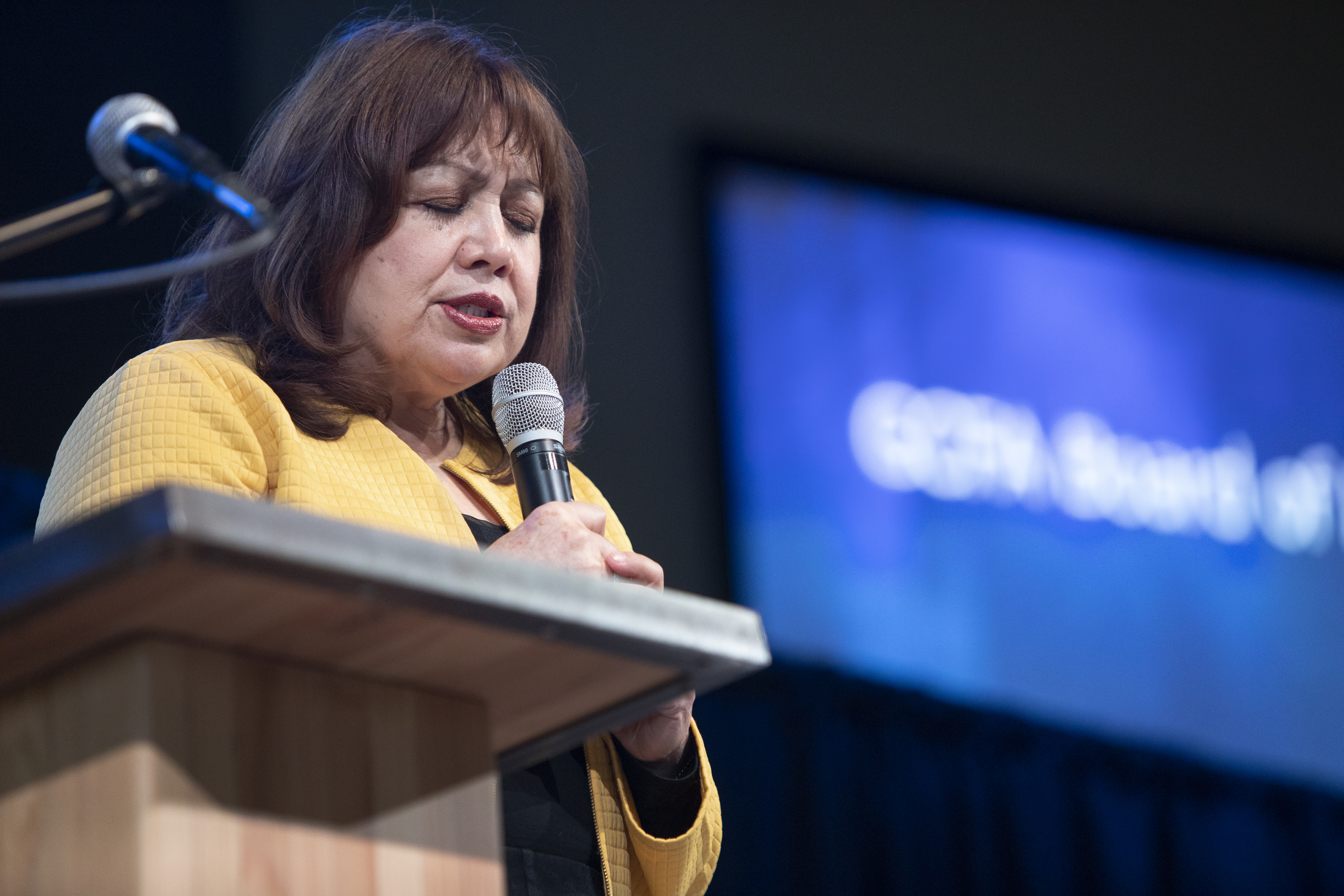 Bishop Minerva Carcaño prays for the caravan during the worship service at the budget meeting of the General Council on Finance and Administration. The meeting was held Nov. 16 at Providence United Methodist Church in Mt. Juliet, Tenn. Photo by Kathleen Barry, UMNS.