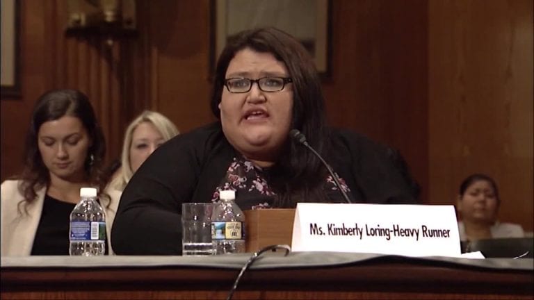 Kimberly Loring testifies in Washington on Dec. 12 during a Senate oversight hearing titled “Missing and Murdered: Confronting the Silent Crisis in Indian Country.” Loring's sister, Ashley Loring Heavy Runner, has been missing since 2017. Video screenshot courtesy of the United States Senate Committee on Indian Affairs.                