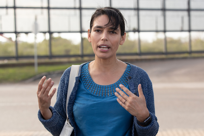 Christina Patiño Houle of the Rio Grande Equal Voice Network helps orient members of the United Methodist Immigration Task Force to the process involved with seeking asylum in the U.S. during a trip to the border between Brownsville, Texas, and Matamoros, Mexico. Photo by Mike DuBose, UMNS.