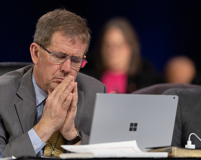 Bishop Scott J. Jones prays during the 2019 United Methodist General Conference in St. Louis. Photo by Mike DuBose, UMNS.