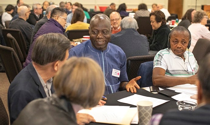 Mike Dio Jen, West Africa Central Conference, shares conversation about stewardship of resources during the Connectional Table meeting held at Discipleship Ministries in Nashville, Tenn., April 3. Photo by Kathleen Barry, UMNS.