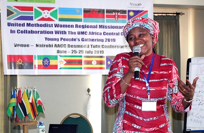 Finda Quiwa, a United Methodist Women Regional Missionary, speaks during the Africa Youth and Young Adult Network gathering for young United Methodists in Nairobi, Kenya. Attendees met at the Desmond Tutu Conference Centre to discuss leadership in small-business development, technical training and creative approaches to problem solving. Photo by Gad Maiga, UM News.